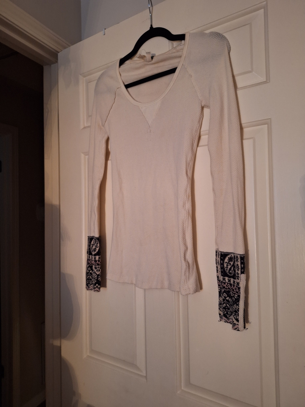 Free People Cream Long Sleeve Thermal Top with Printed Cuffs